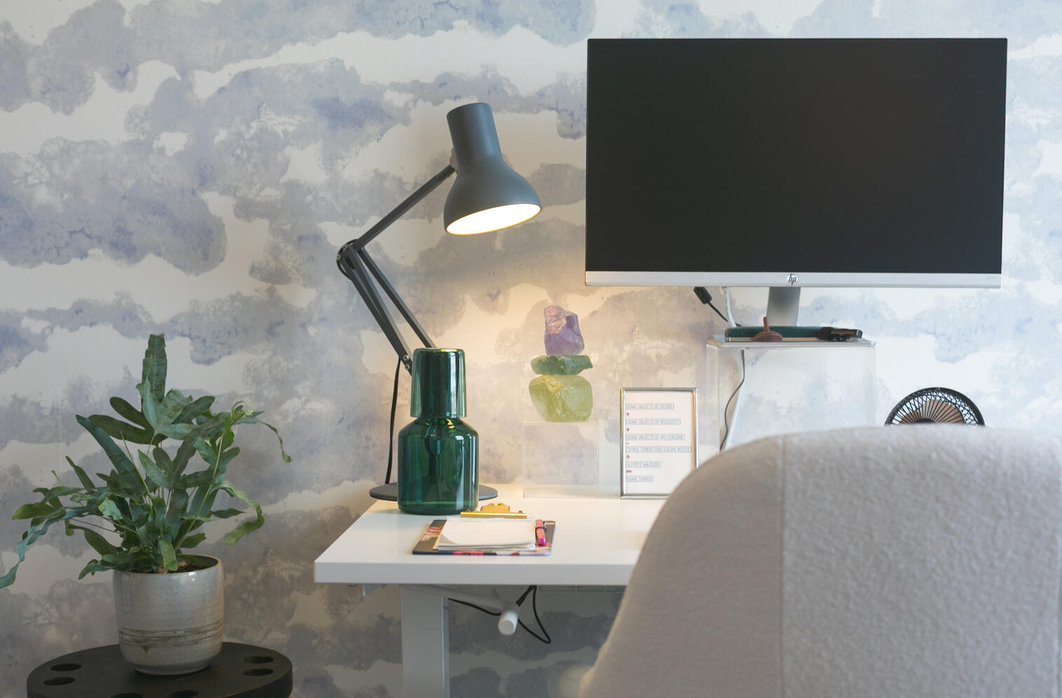 Calming work space in the guest room, with standing desk